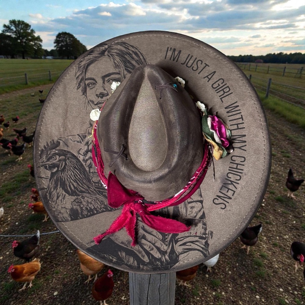 Handmade Chicken Lover Hat Flat Brim Vegan Suede Burned Engraved Boho